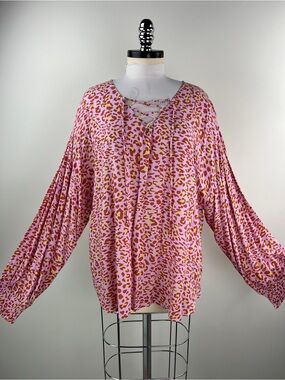 💚 3579. Lace-Up Pink Leopard Print Long Sleeve Blouse